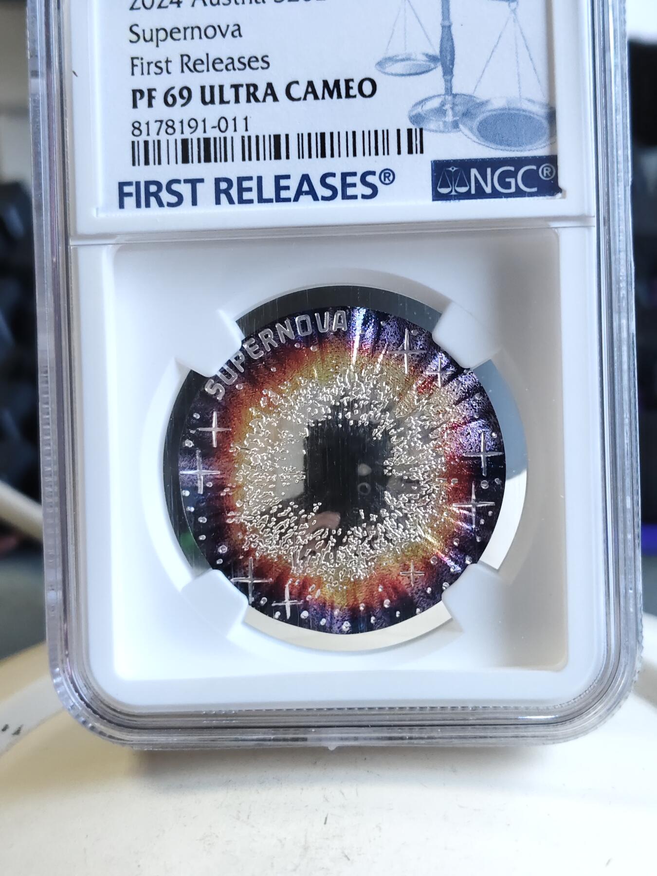 第165期拍卖【长期征集拍品】 奥地利2024年宇宙之美超新星凹凸面银币NGC-PF69首原盒证书，925银，22.42克，发行30000枚。裸币价格900