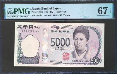 世界靓号纸钞第七十二期 - 2024年日本5000日元 稀少首发AAAA冠 数三 全程无4 PMG67 