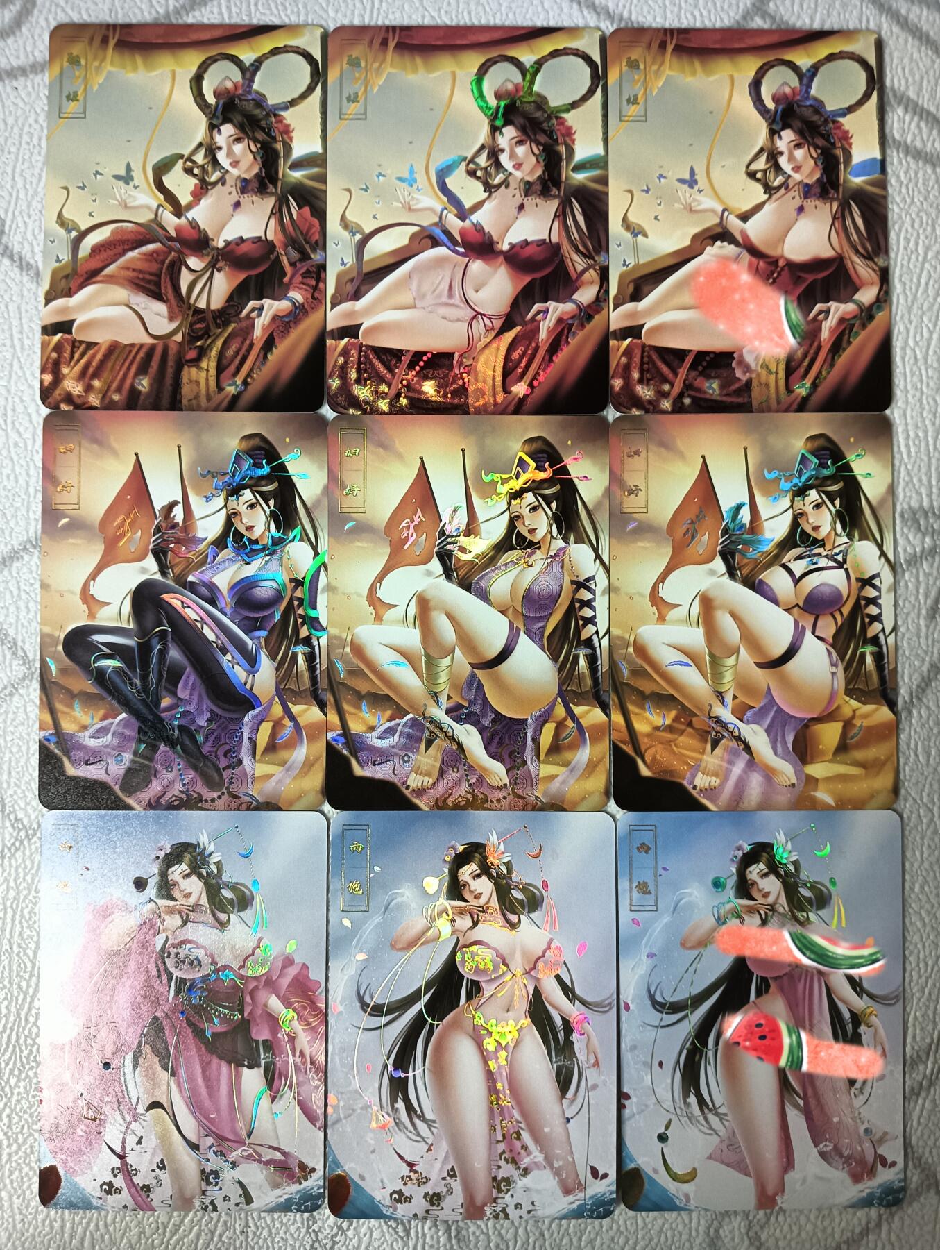 花开卡拍第30期（7月13号周日截拍，品控勿拍!!!拍品不寄存，运费5元，自制卡难免瑕疵，可能存在轻微撞角爆边等出厂瑕疵，品控介意勿拍！） 绘天阁妍华传 第二弹三人物 彩闪三渐变9张