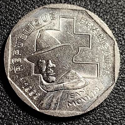 泉币菌-第49场-周末精品场 - 少见 原光UNC 法国1993年2法郎 让穆林 人物 纪念币 铜镍硬币 26.5mm 7.5g
