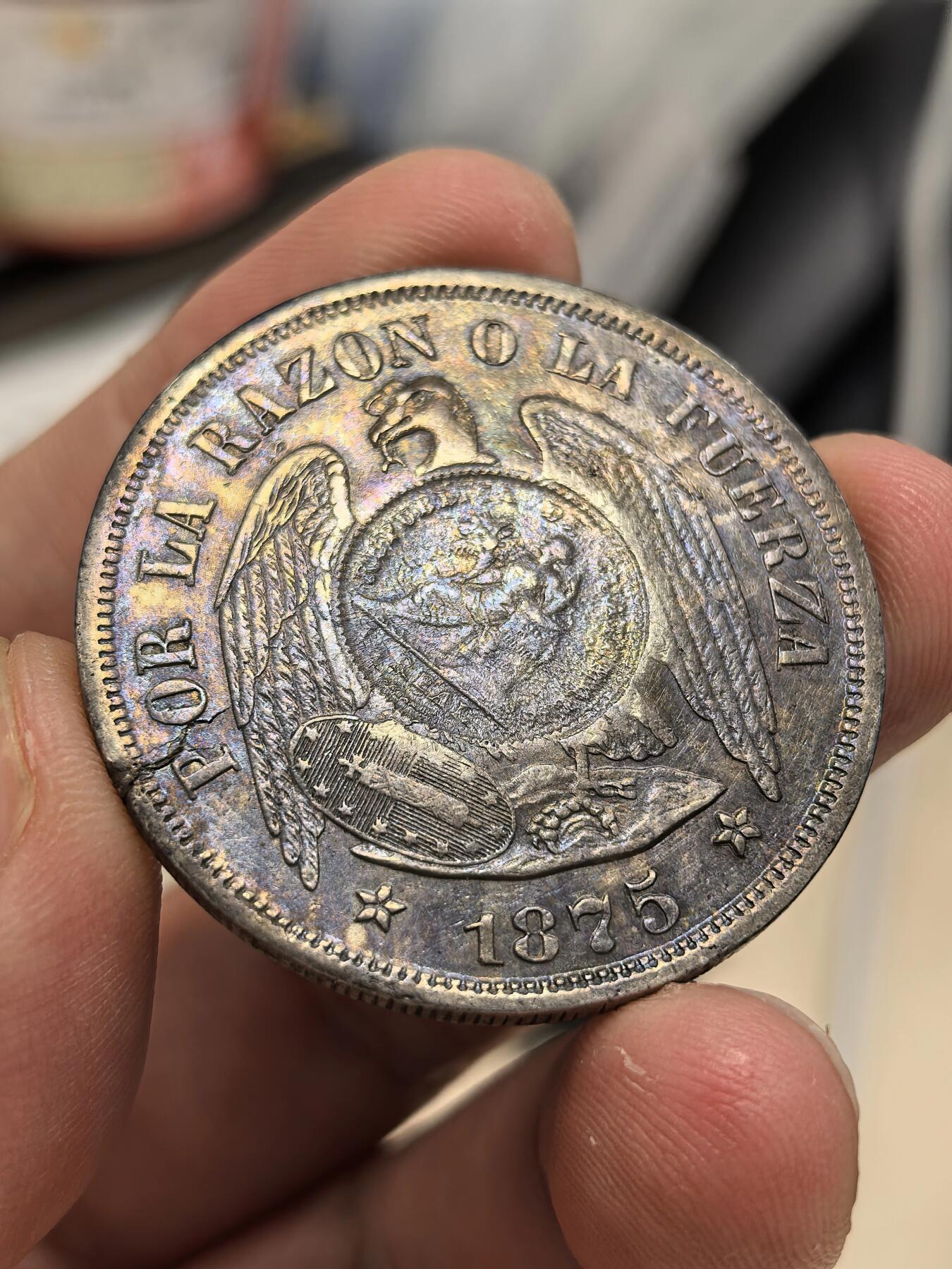 博洋堂世界钱币拍卖第130期（全场包邮） 危地马拉1894年加盖1875年智利秃鹰比索银币，稀见品种，常见为加盖秘鲁，五彩包浆