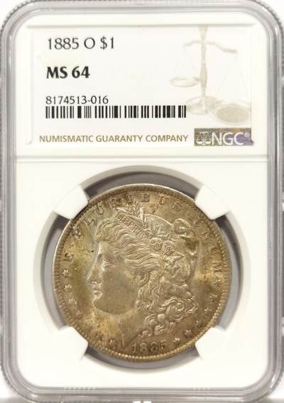 博洋堂世界钱币拍卖第130期（全场包邮） - NGC MS64 美国1884年O版摩根银币，淡金彩