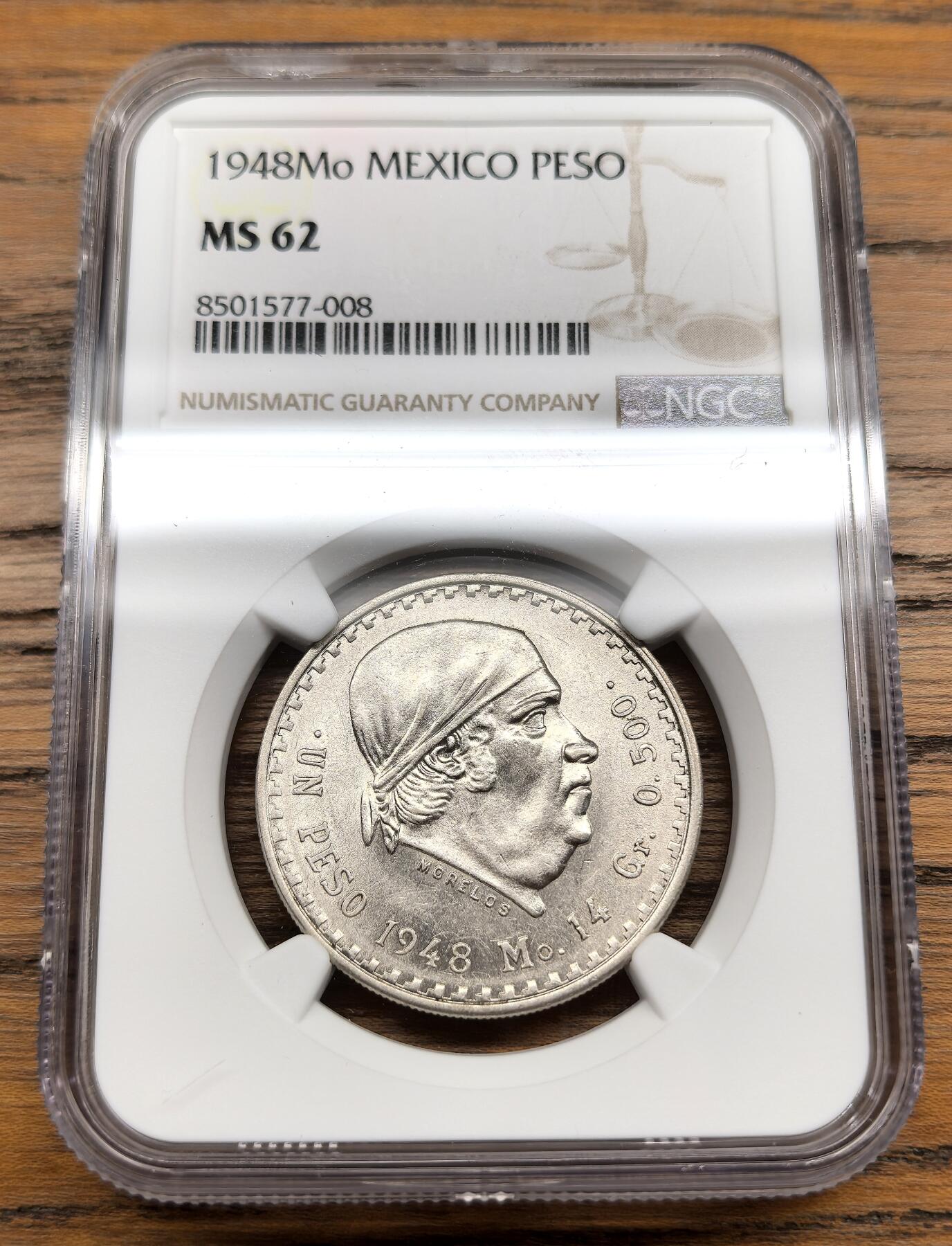凡希社世界钱币微拍第三百零七期 1948Mo墨西哥银比索NGC-MS62