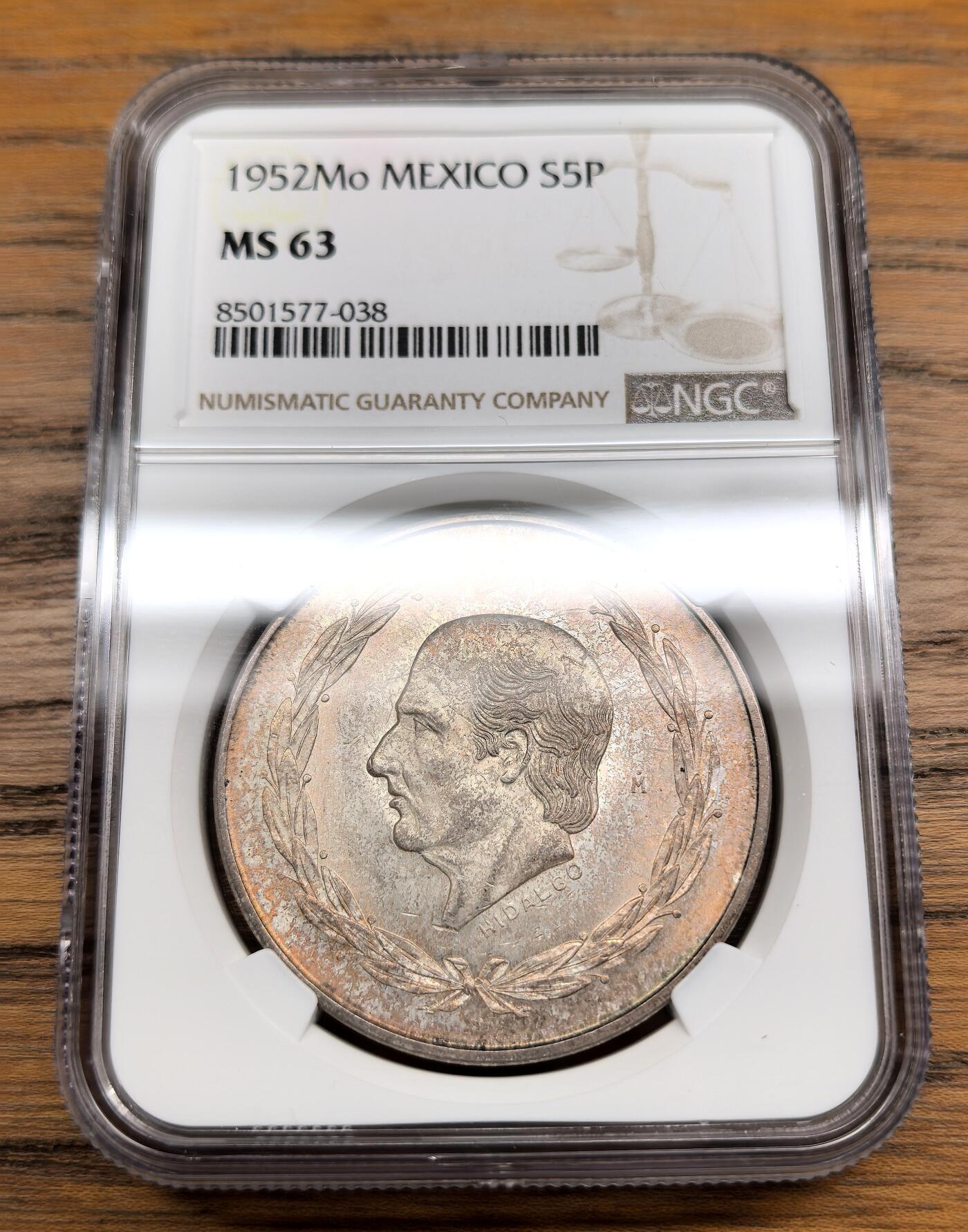凡希社世界钱币微拍第三百零七期 1952Mo墨西哥5比索大银NGC-MS63美包浆