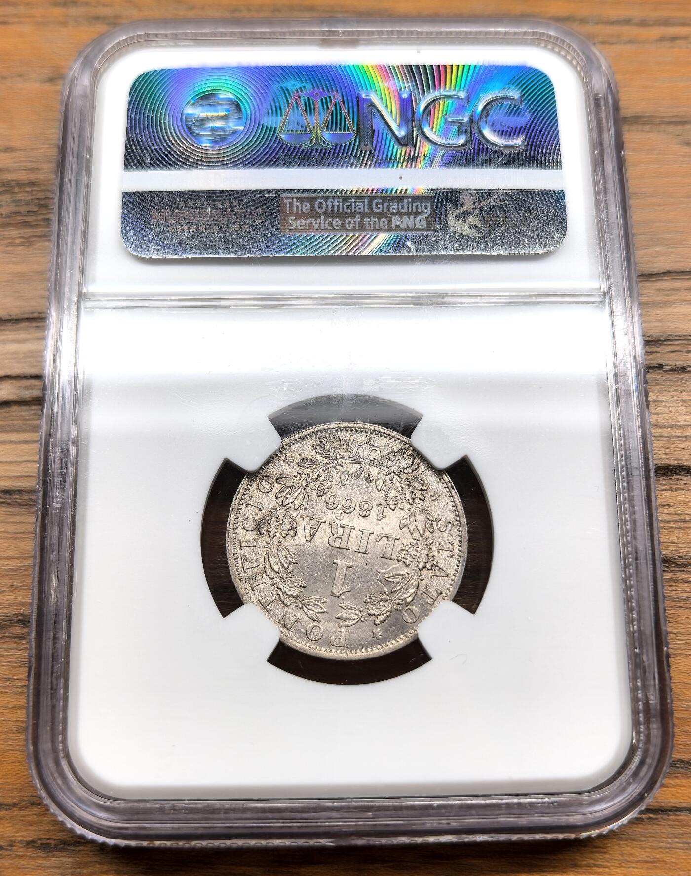 凡希社世界钱币微拍第三百零七期 1866R教皇国庇护九世里拉银币NGC-MS64+大头版