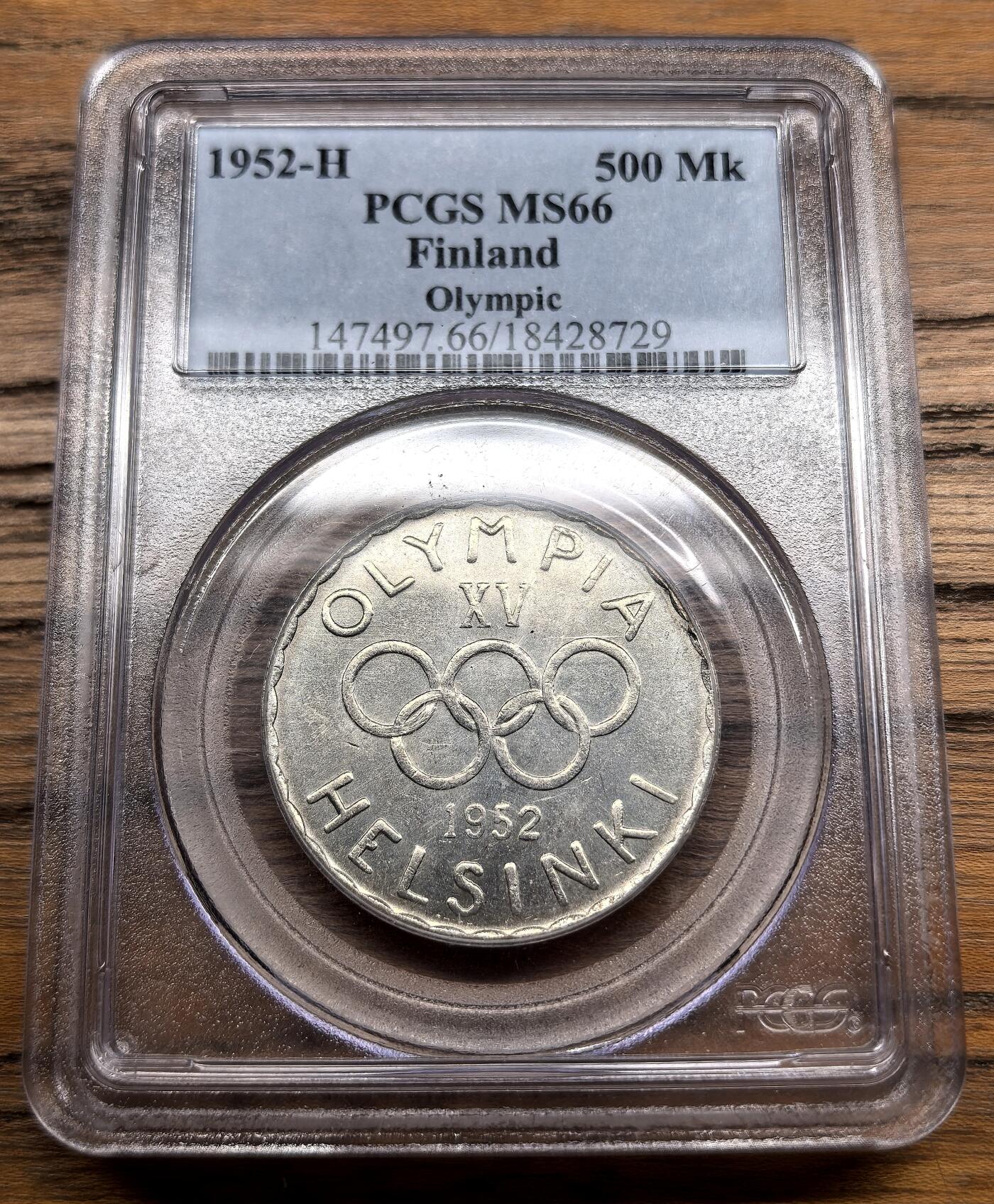 凡希社世界钱币微拍第三百零七期 1952H芬兰赫尔辛基奥运会100MK银币PCGS-MS66