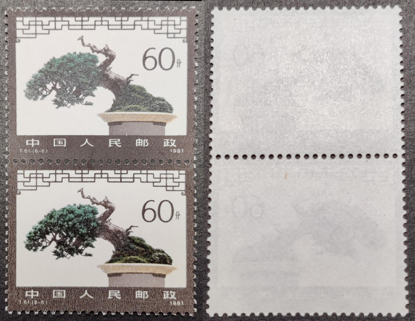 洪涛臻品批发群 精选邮票限时拍卖第1040期  T61盆景60分大筋双联 面艳背白票挺 新票原胶全品