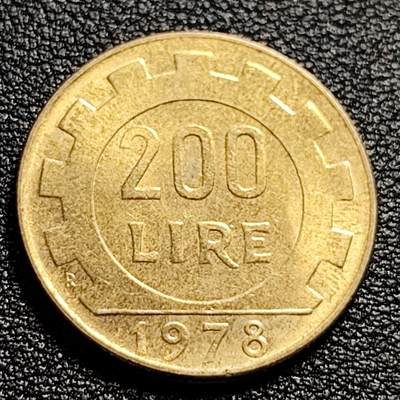 泉币菌-第51场-各国散币场 - 铜光美品 意大利1978年200里拉 丰收女神 齿轮 铝青铜币 外国硬币 24mm 
