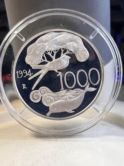 第166期拍卖【长期征集拍品】 - 意大利1994年女花神与动物1000里拉精制纪念银币，835银，重14.6克
