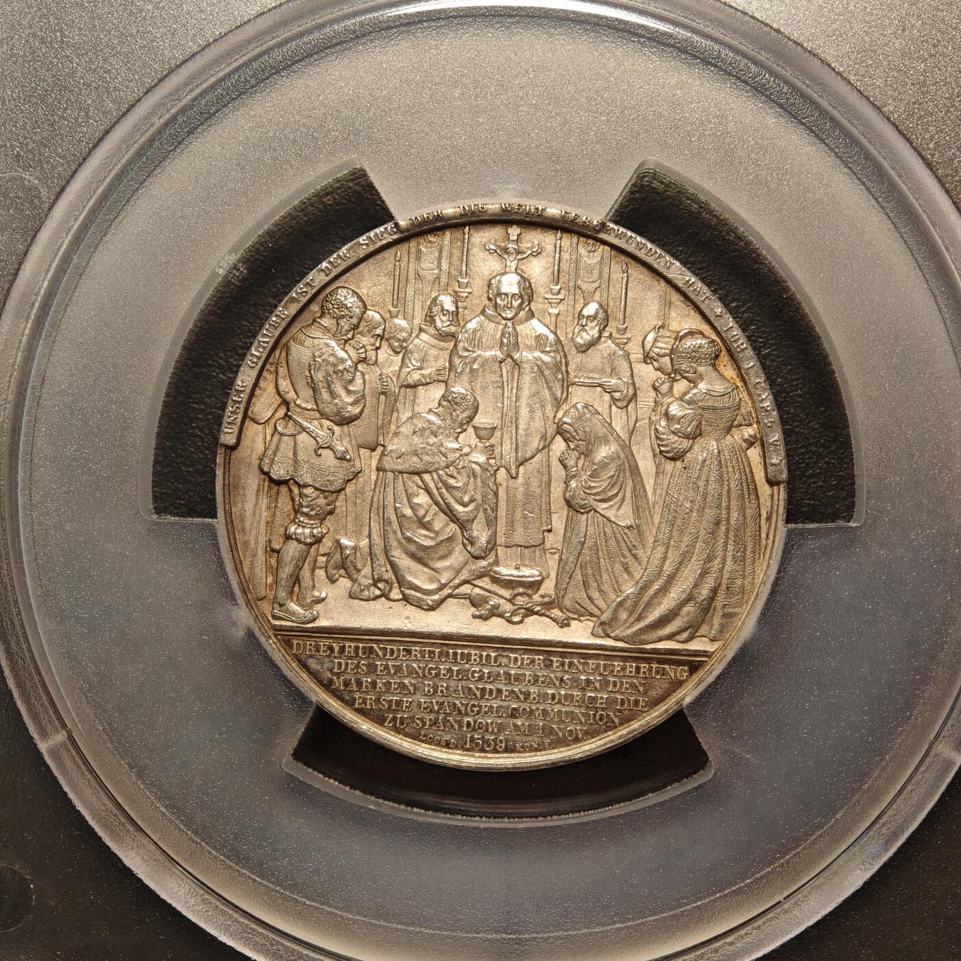 【德藏】世界币章拍卖第137期（拍品征集中~欢迎藏友联系） 1839年 德国布兰登堡普鲁士宗教改革300周年纪念48mm银章 PCGS SP62 细节极其丰富