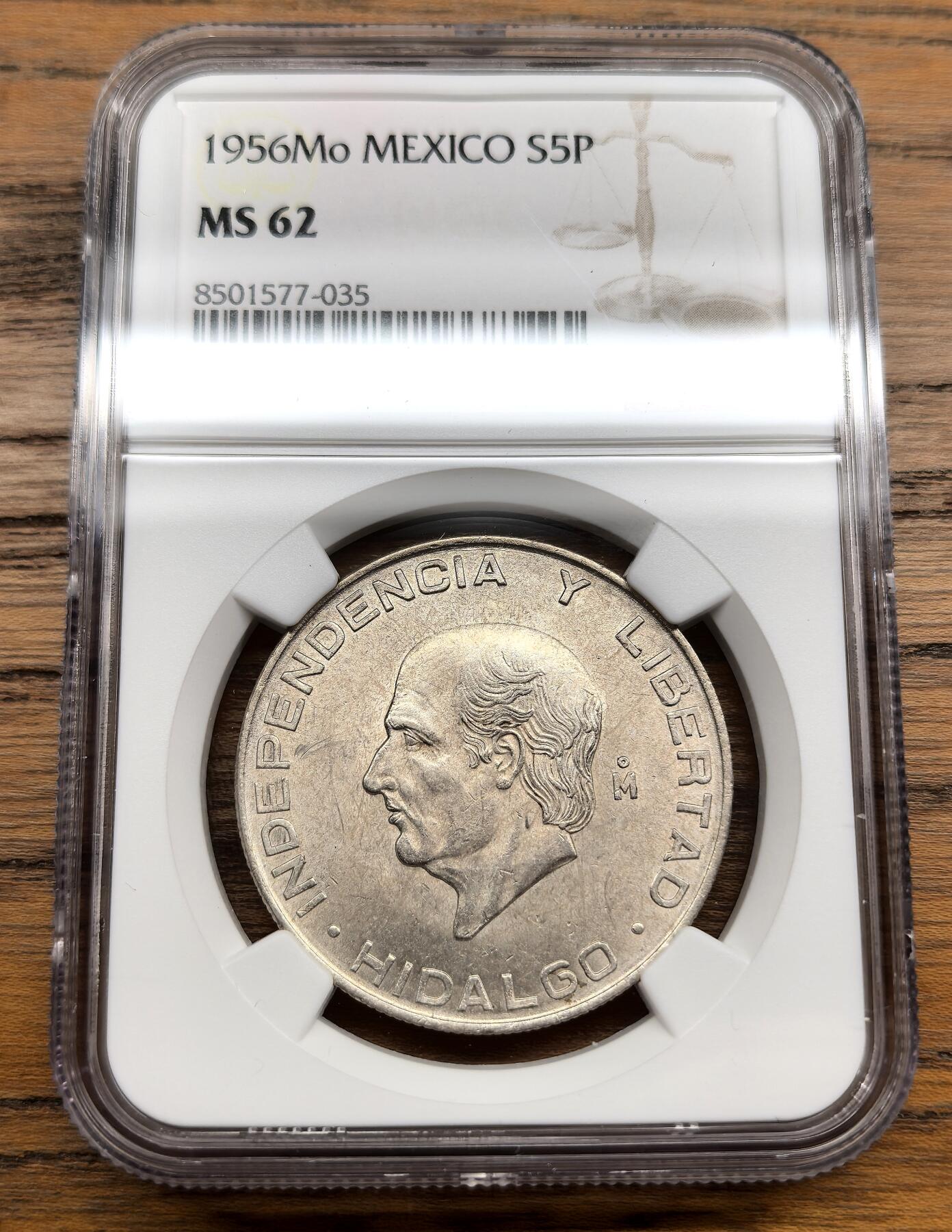 凡希社世界钱币微拍第三百零七期 1956Mo墨西哥5比索大银NGC-MS62