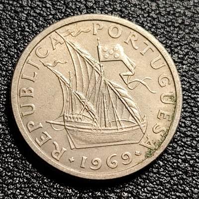 泉币菌-第50场-周末捡漏场 葡萄牙1969年5埃斯库多铜镍币 帆船 国徽盾牌 24.5MM 