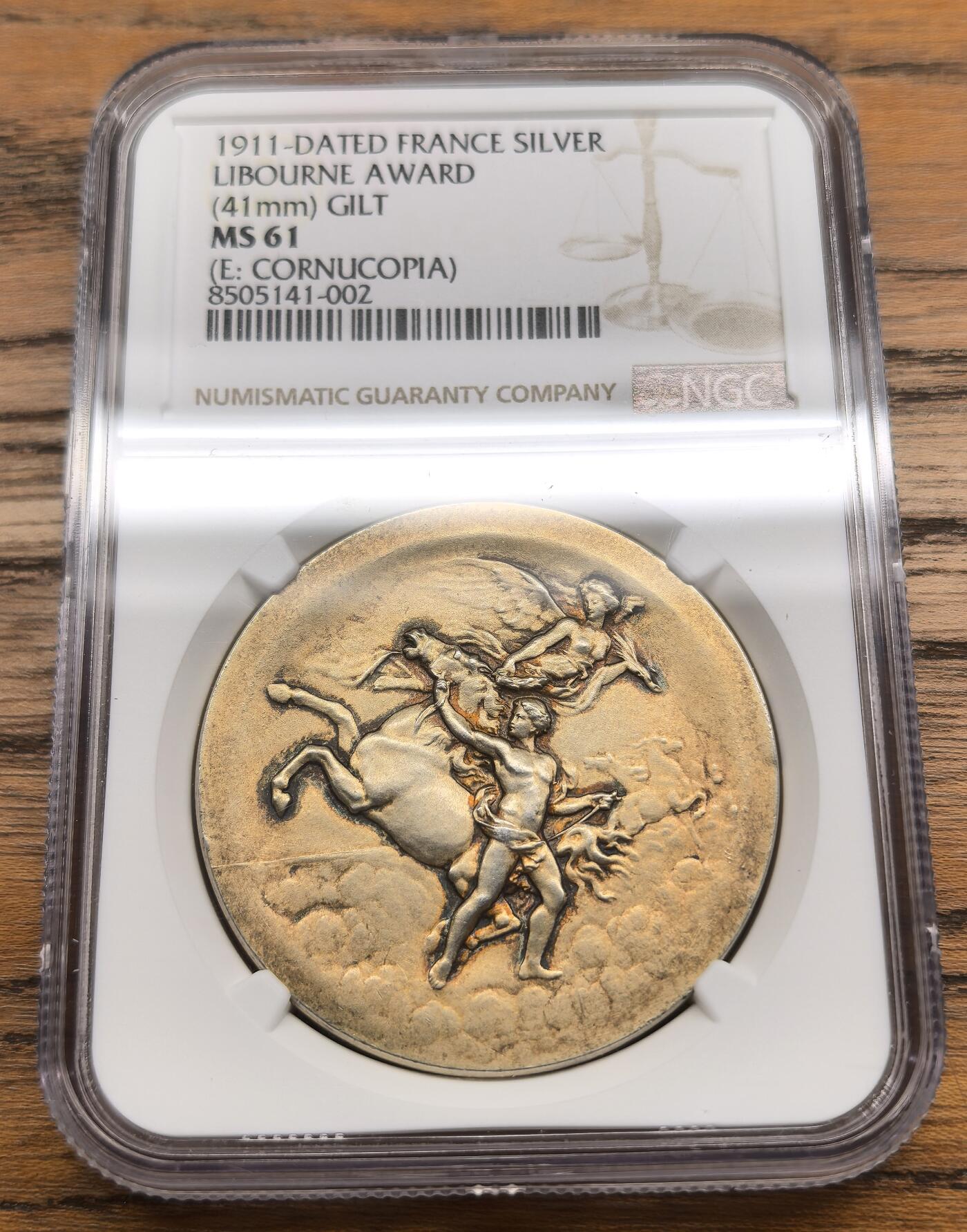 凡希社世界钱币微拍第三百零七期 1911法国利布尔讷镀金银质奖章NGC-MS61