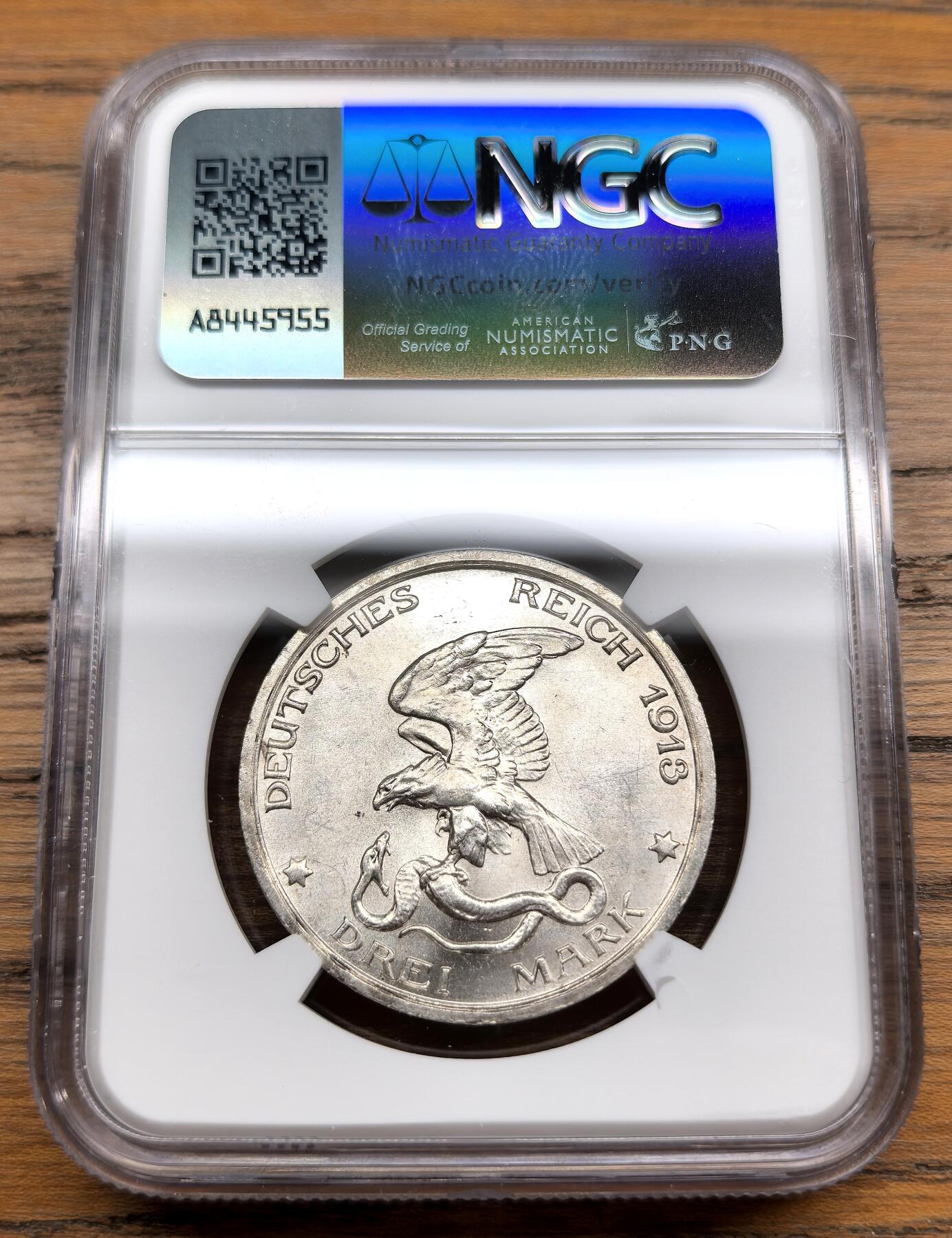 凡希社世界钱币微拍第三百零七期 1913德国普鲁士3马克纪念银币NGC-MS64