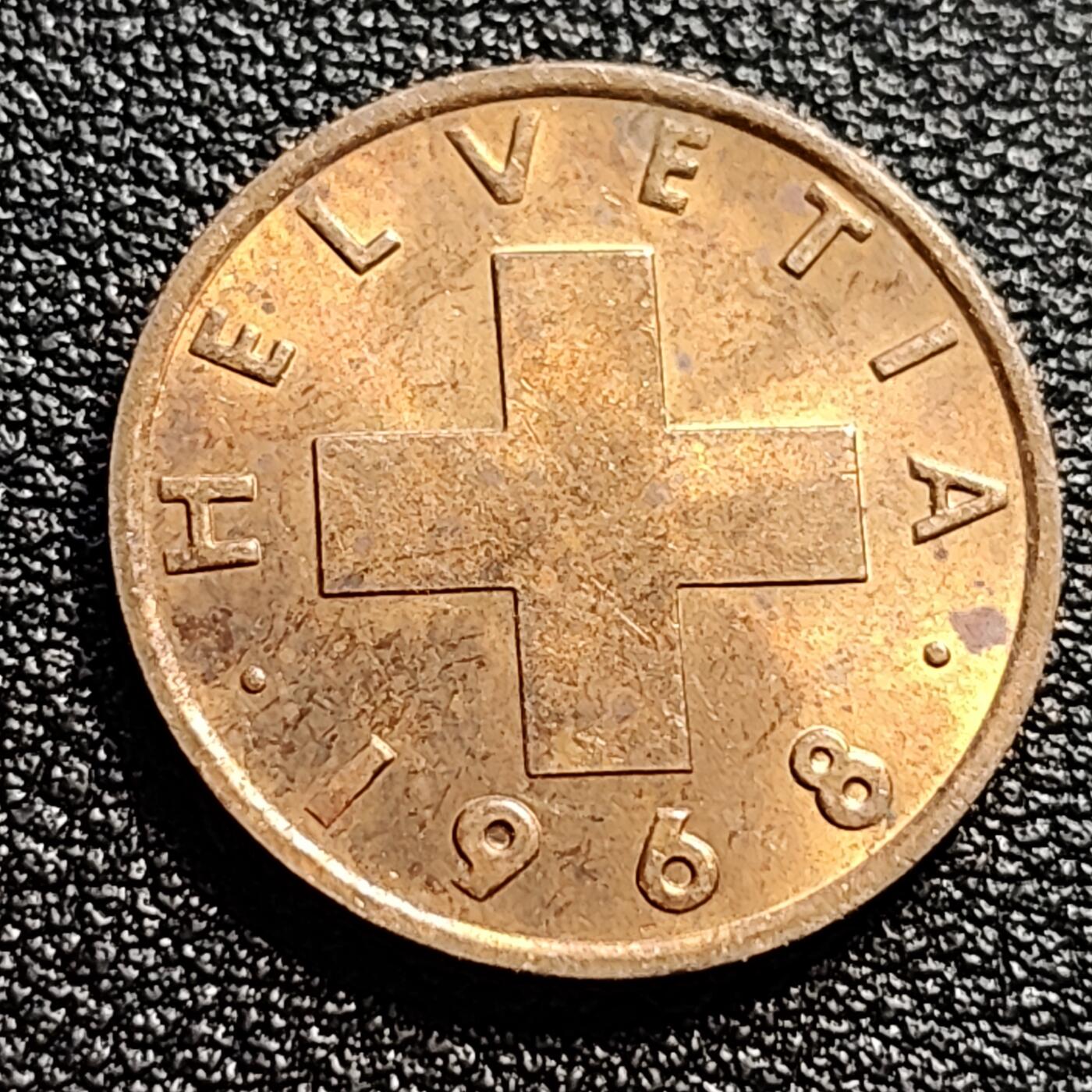 泉币菌-第51场-各国散币场 铜光美品 瑞士联邦1968年2拉普 紫铜币(十字国徽)25mm