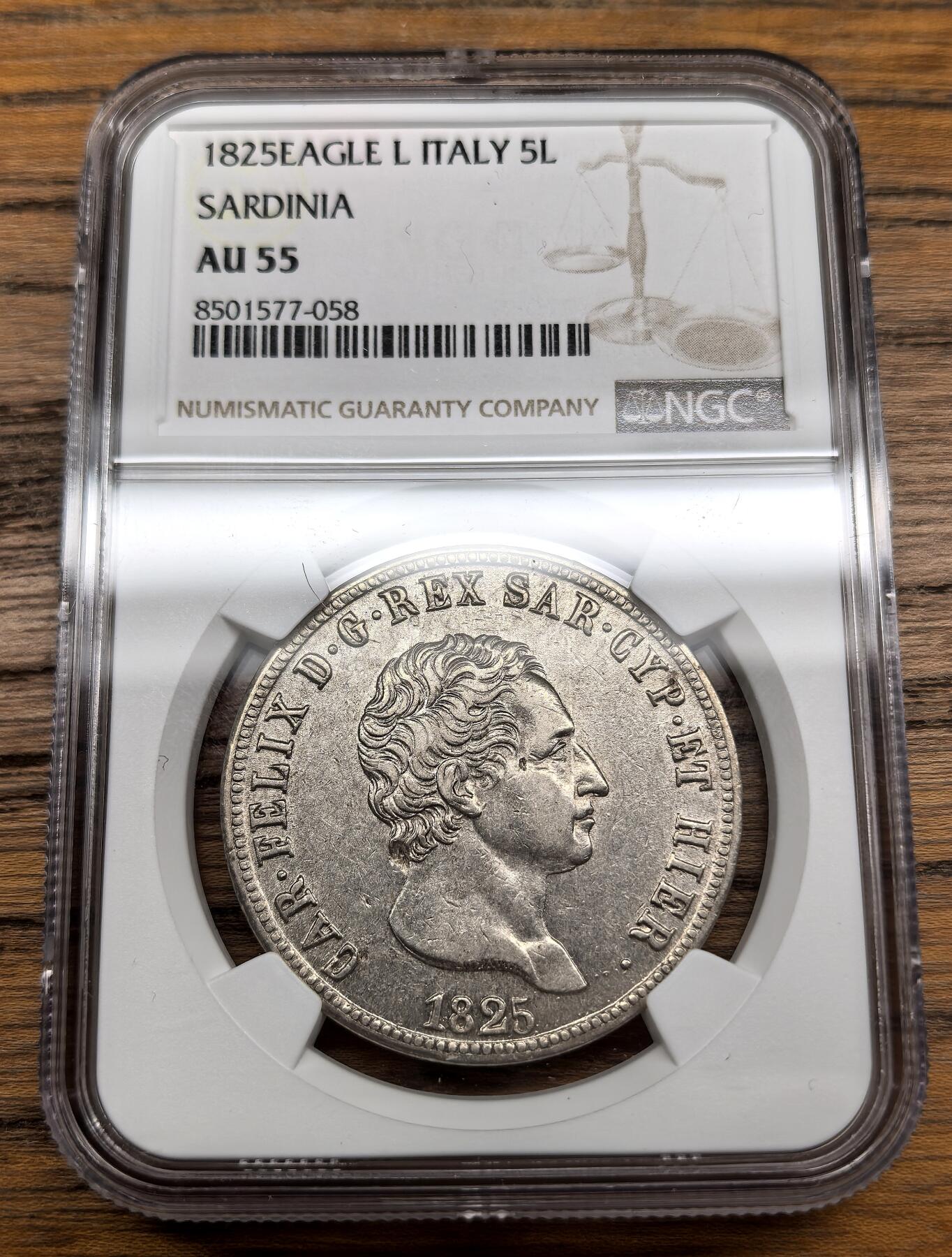 凡希社世界钱币微拍第三百零七期 1825L意大利萨丁王国5里拉大银NGC-AU55