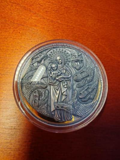 长老汇蛇年精选第二十场拍卖 2021喀麦隆女士和龙3000法郎3盎司仿古高浮雕部分镀金银币，999银，500枚，盒证全