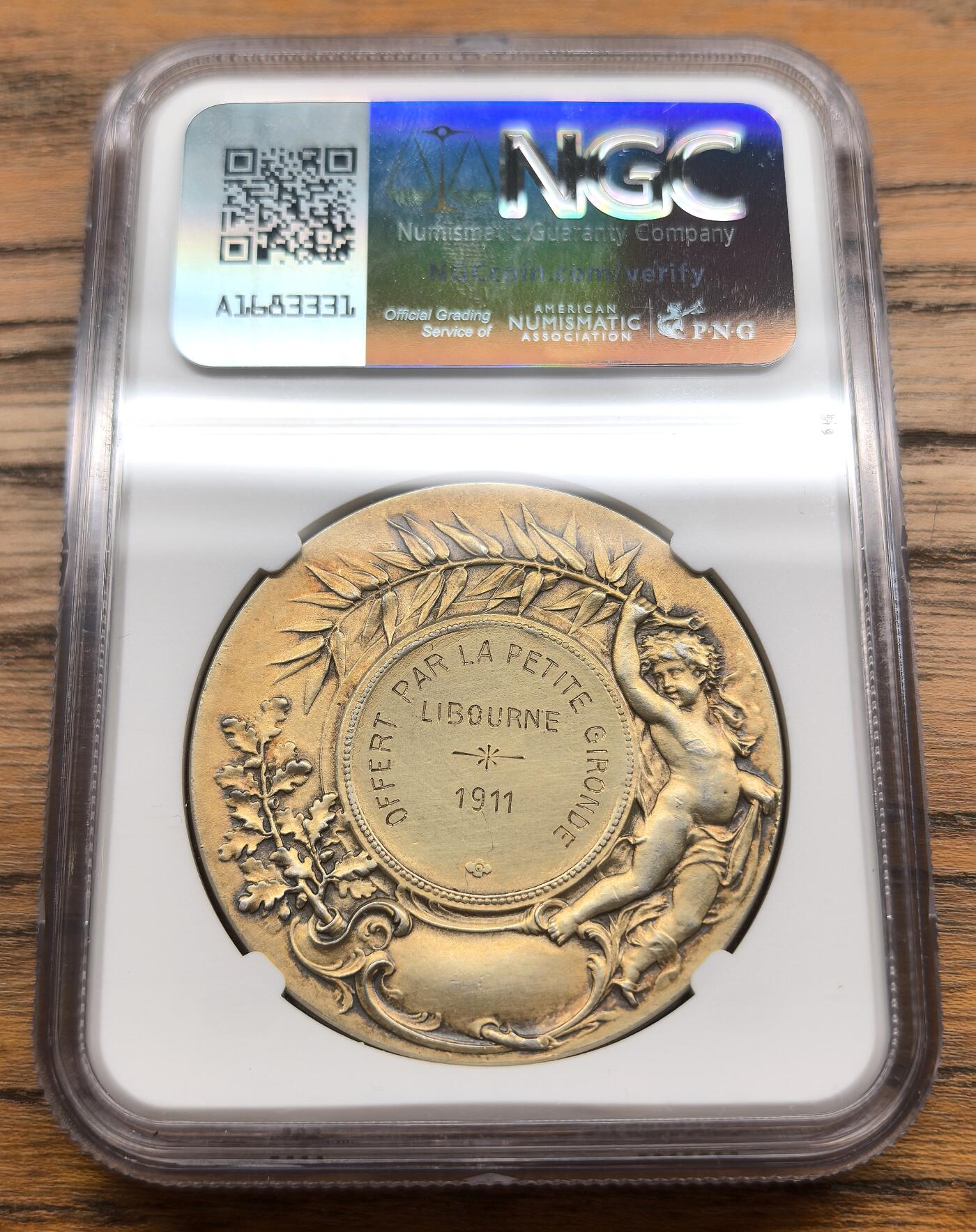 凡希社世界钱币微拍第三百零七期 1911法国利布尔讷镀金银质奖章NGC-MS61