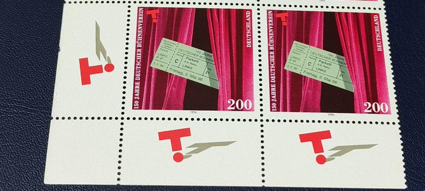 德国邮票专场，都是四方联 德国邮票四方联一张，1996年发行，剧院协会150周年  入场券  幕布。品相如图