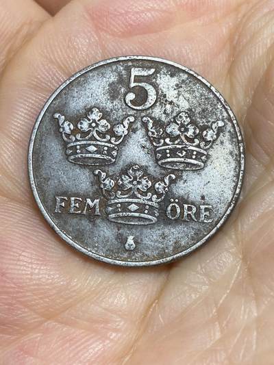 2025年第六十五场(总第九十一场）外国好品散币(免佣金) - 少见–瑞典🇸🇪1943年5欧尔铁币(古斯塔夫五世，二战期间)