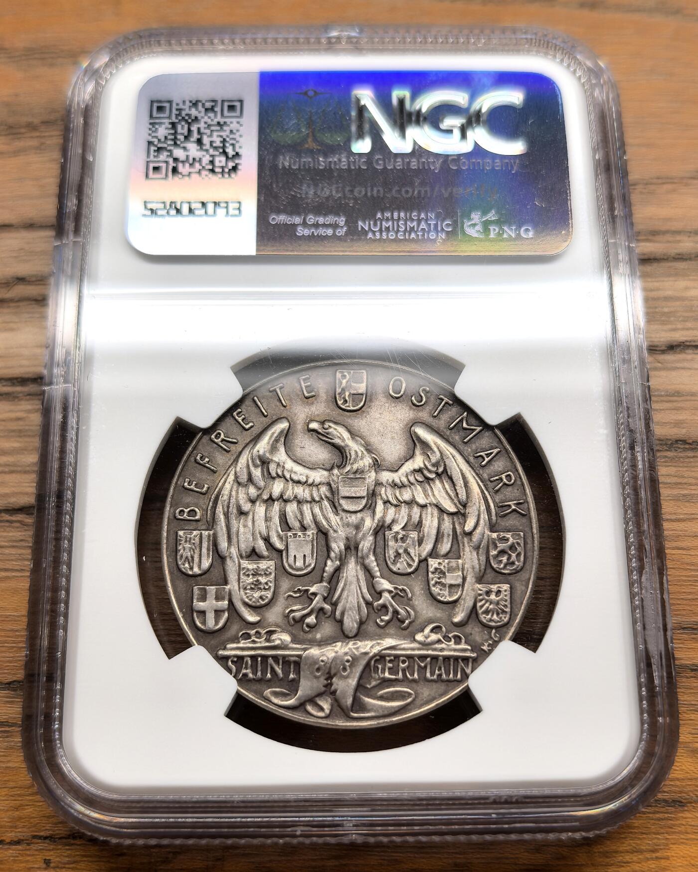 凡希社世界钱币微拍第三百零七期 荐！【NGC冠军分】卡尔哥茨名章：1938德国解放奥地利纪念银章NGC-MS65，欧陆标准灰彩，保存状态完美，艺术性极佳的二战历史名章！（视频参考）