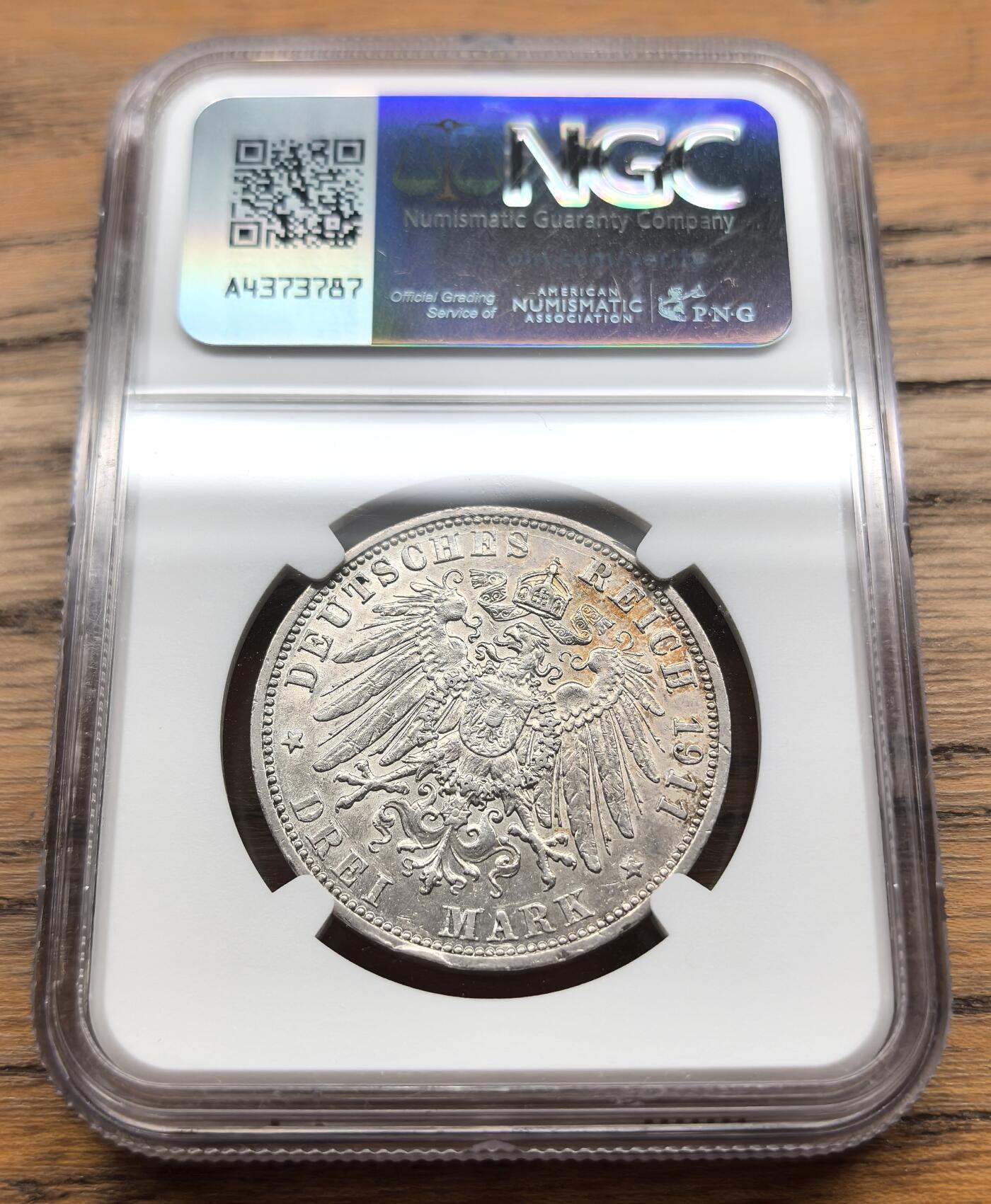 凡希社世界钱币微拍第三百零七期 1911A德国吕贝克双头鹰3马克NGC-AU55