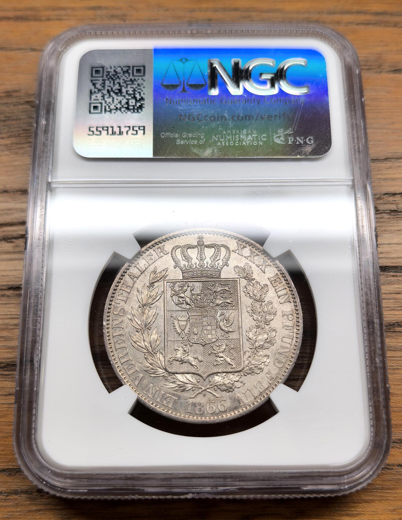 凡希社世界钱币微拍第三百零七期 1866B德国奥尔登堡流通泰勒NGC-MS62，灰彩皮蛋光，泰勒好品种。（视频参考）