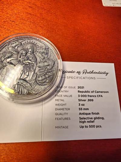 长老汇蛇年精选第二十场拍卖 2021喀麦隆女士和龙3000法郎3盎司仿古高浮雕部分镀金银币，999银，500枚，盒证全