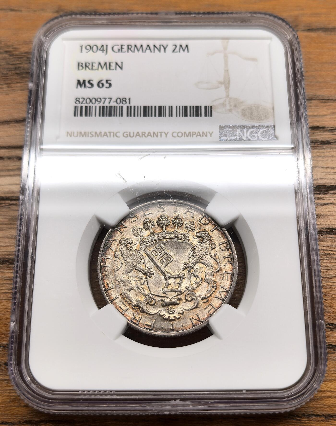 凡希社世界钱币微拍第三百零七期 1904J德国不莱梅2马克NGC-MS65高分收藏级（视频参考）
