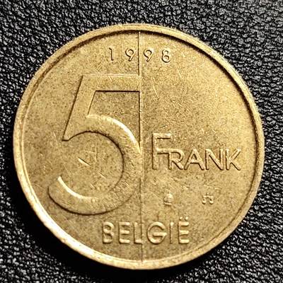 泉币菌-第50场-周末捡漏场 欧元前末版 比利时-5-法郎 人头版本钱币