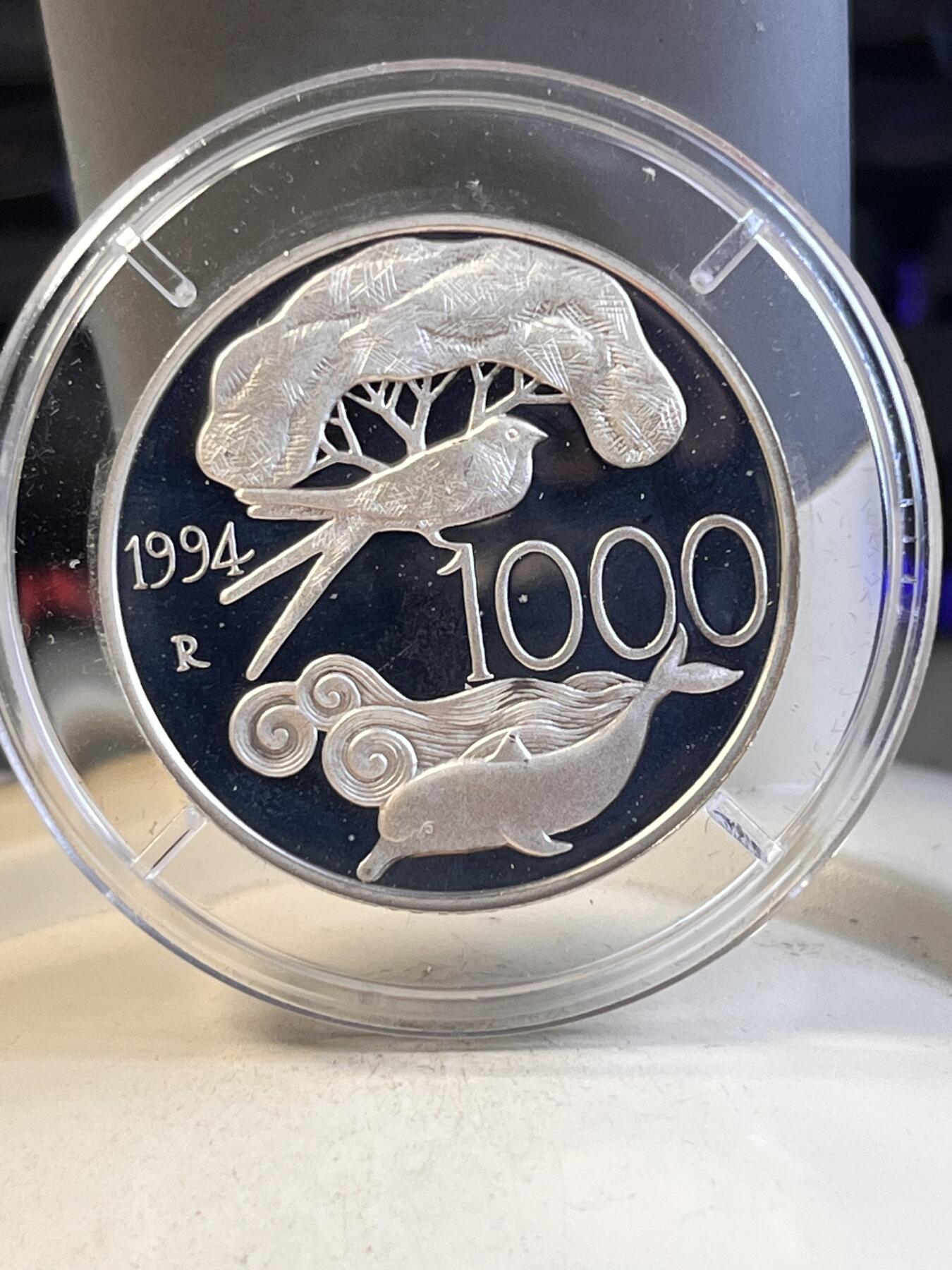 第166期拍卖【长期征集拍品】 意大利1994年女花神与动物1000里拉精制纪念银币，835银，重14.6克