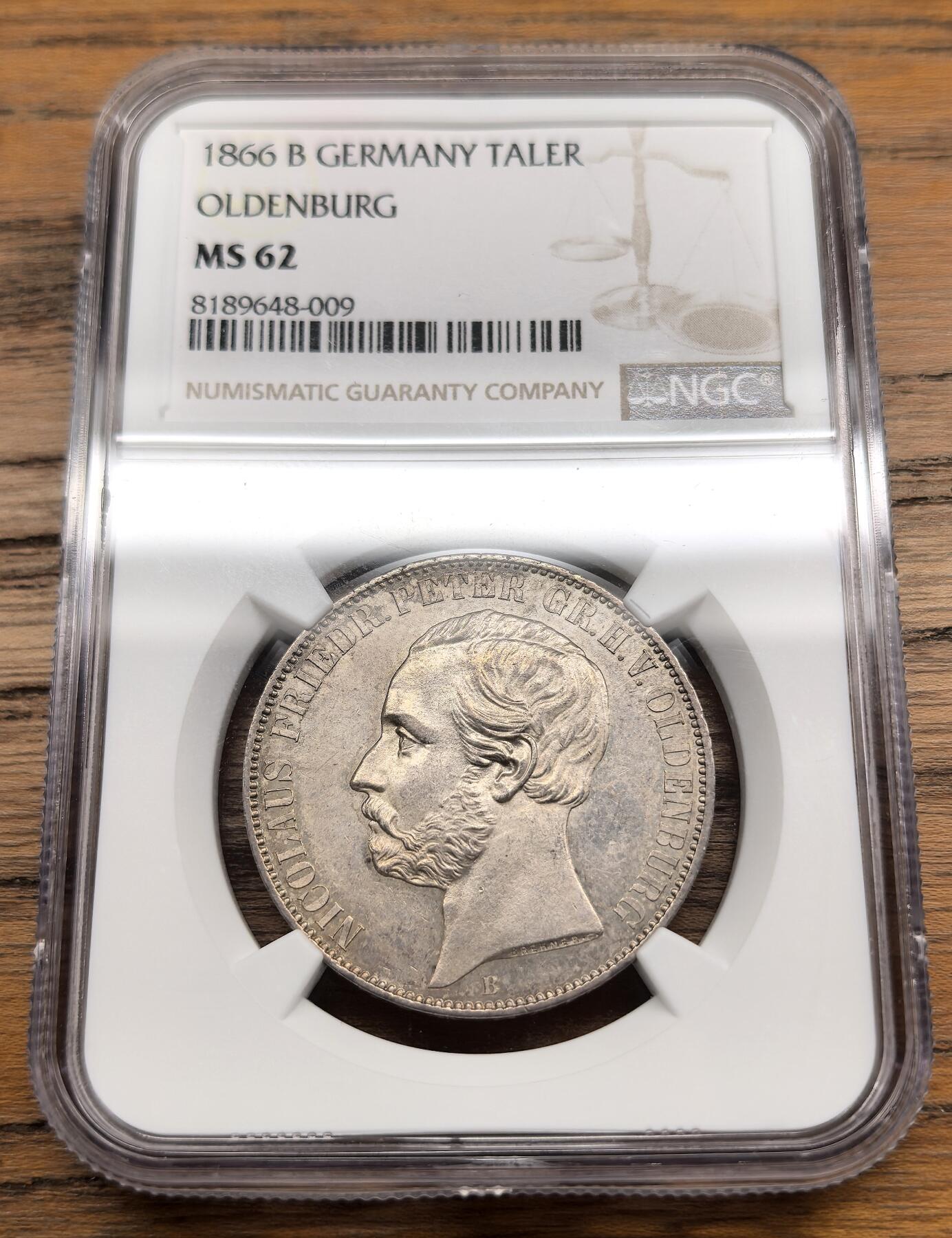 凡希社世界钱币微拍第三百零七期 1866B德国奥尔登堡流通泰勒NGC-MS62，灰彩皮蛋光，泰勒好品种。（视频参考）