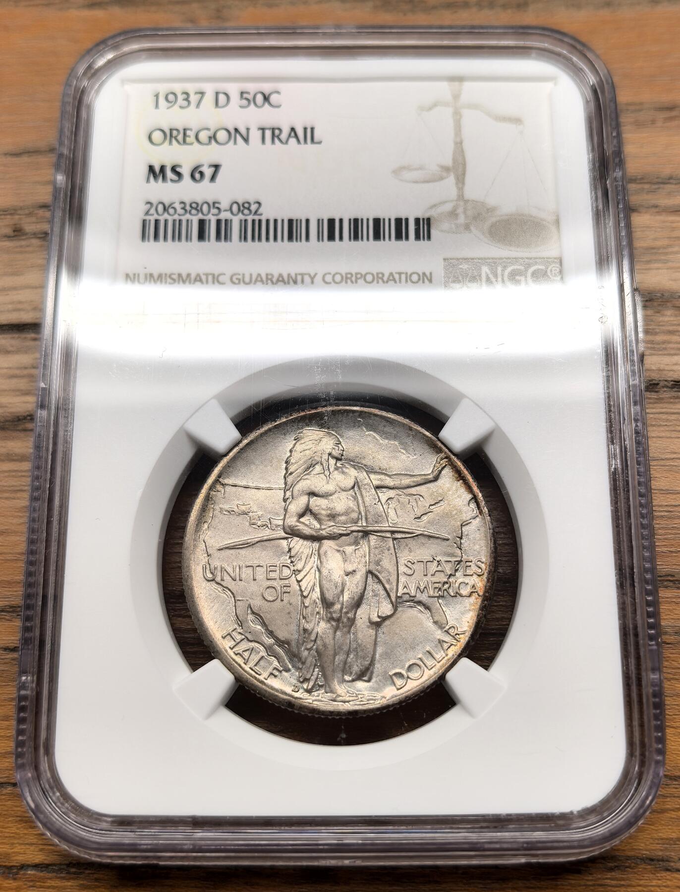 凡希社世界钱币微拍第三百零七期 1937D美国俄勒冈纪念50分银币NGC-MS67，顶级高分收藏级。