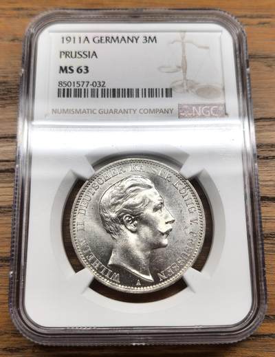凡希社世界钱币微拍第三百零七期 - 1911德国威二免冠像3马克银币NGC-MS63