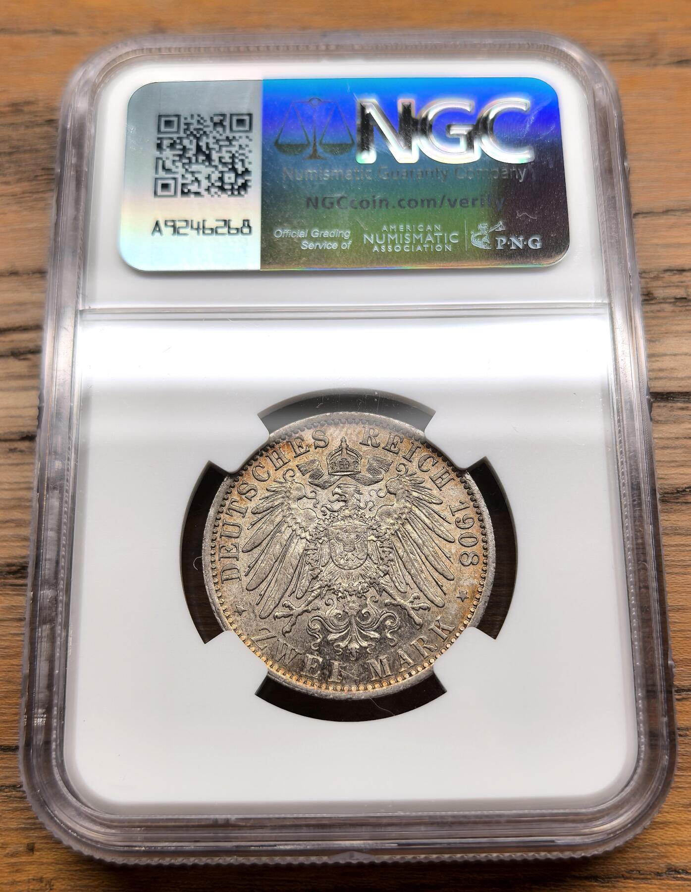 凡希社世界钱币微拍第三百零七期 1908德国普鲁士2马克NGC-AU58
