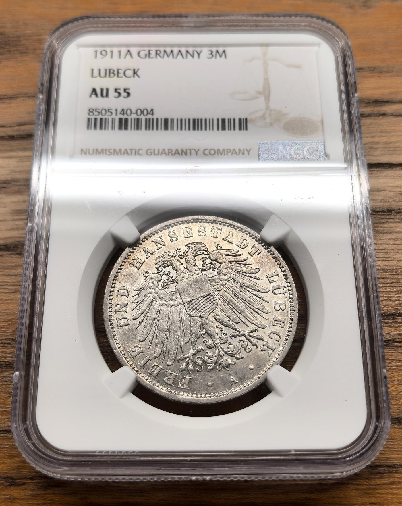 凡希社世界钱币微拍第三百零七期 1911A德国吕贝克双头鹰3马克NGC-AU55
