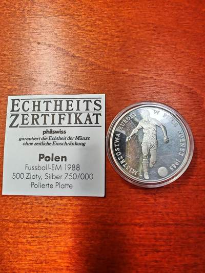 长老汇蛇年精选第二十场拍卖 1987波兰88欧洲杯500兹罗提精制银币，1.2万枚，克书55美金
