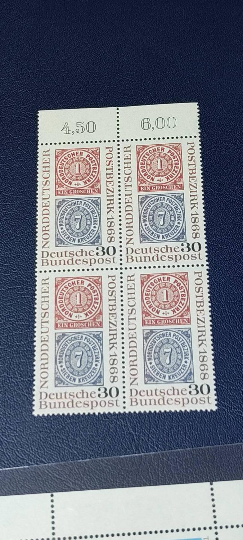 德国邮票专场，都是四方联 德国邮票四方联一张，1968年发行  邮政联盟百年。品相如图