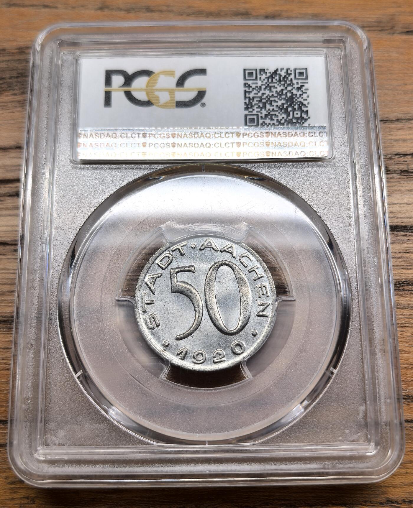 凡希社世界钱币微拍第三百零七期 1920德紧亚琛老鹰头50芬尼PCGS-MS65，原光难得！