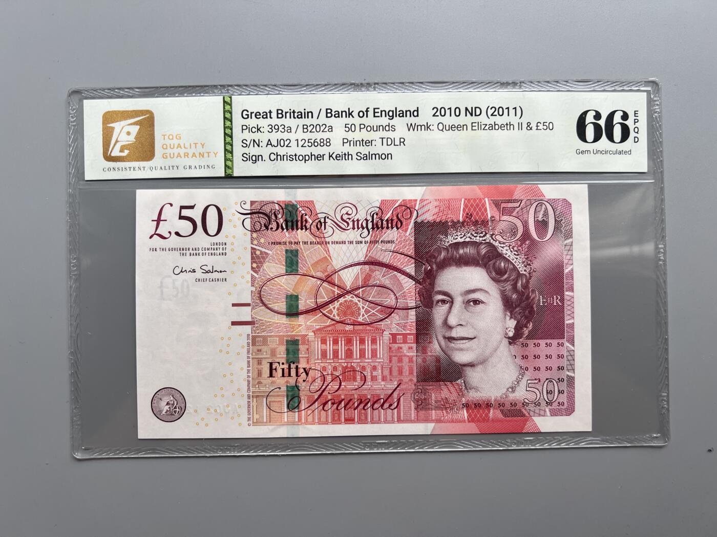 TQG 66 英国2010年F系列50英镑纸币 号码无4.7尾88
