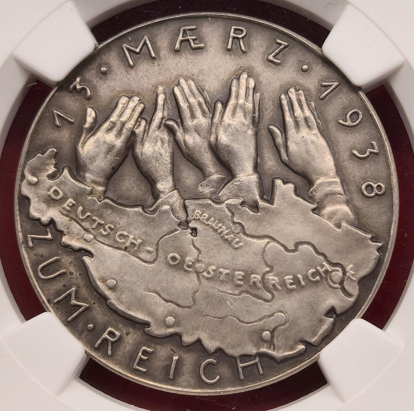 凡希社世界钱币微拍第三百零七期 荐！【NGC冠军分】卡尔哥茨名章：1938德国解放奥地利纪念银章NGC-MS65，欧陆标准灰彩，保存状态完美，艺术性极佳的二战历史名章！（视频参考）