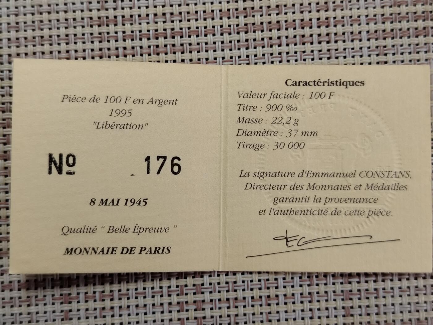 布加迪🐬～世界钱币(上海)🌾第 227 期 /  各国套币和散币 法国🇫🇷 1995年 100法郎精致银币～二战胜利50周年纪念