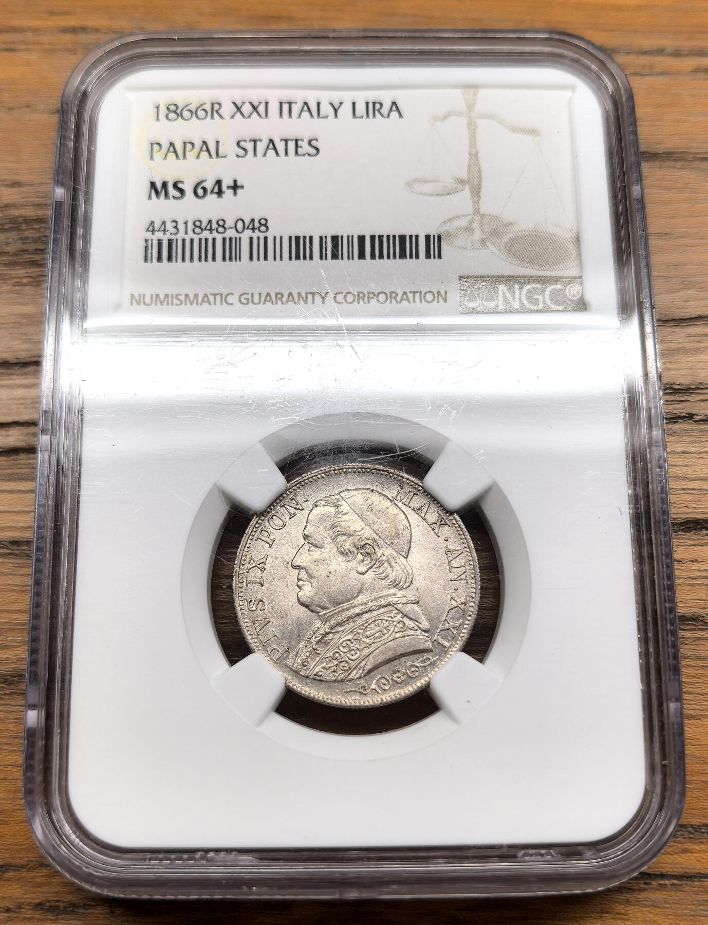 凡希社世界钱币微拍第三百零七期 1866R教皇国庇护九世里拉银币NGC-MS64+大头版