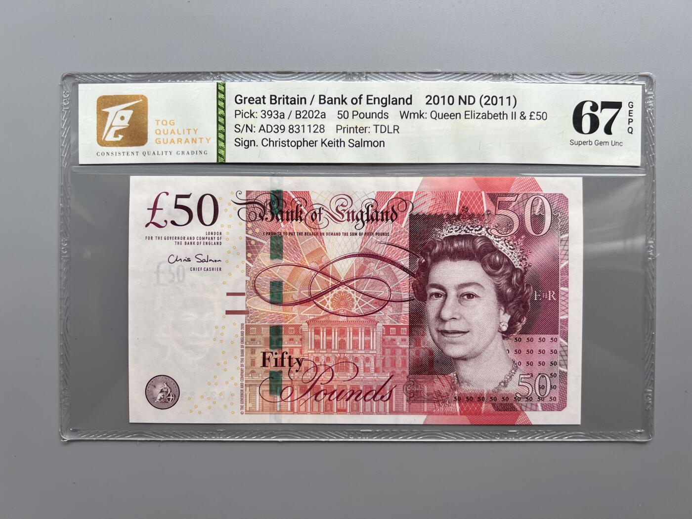 TQG 67 英国2010年F系列50英镑纸币 号码无4.7