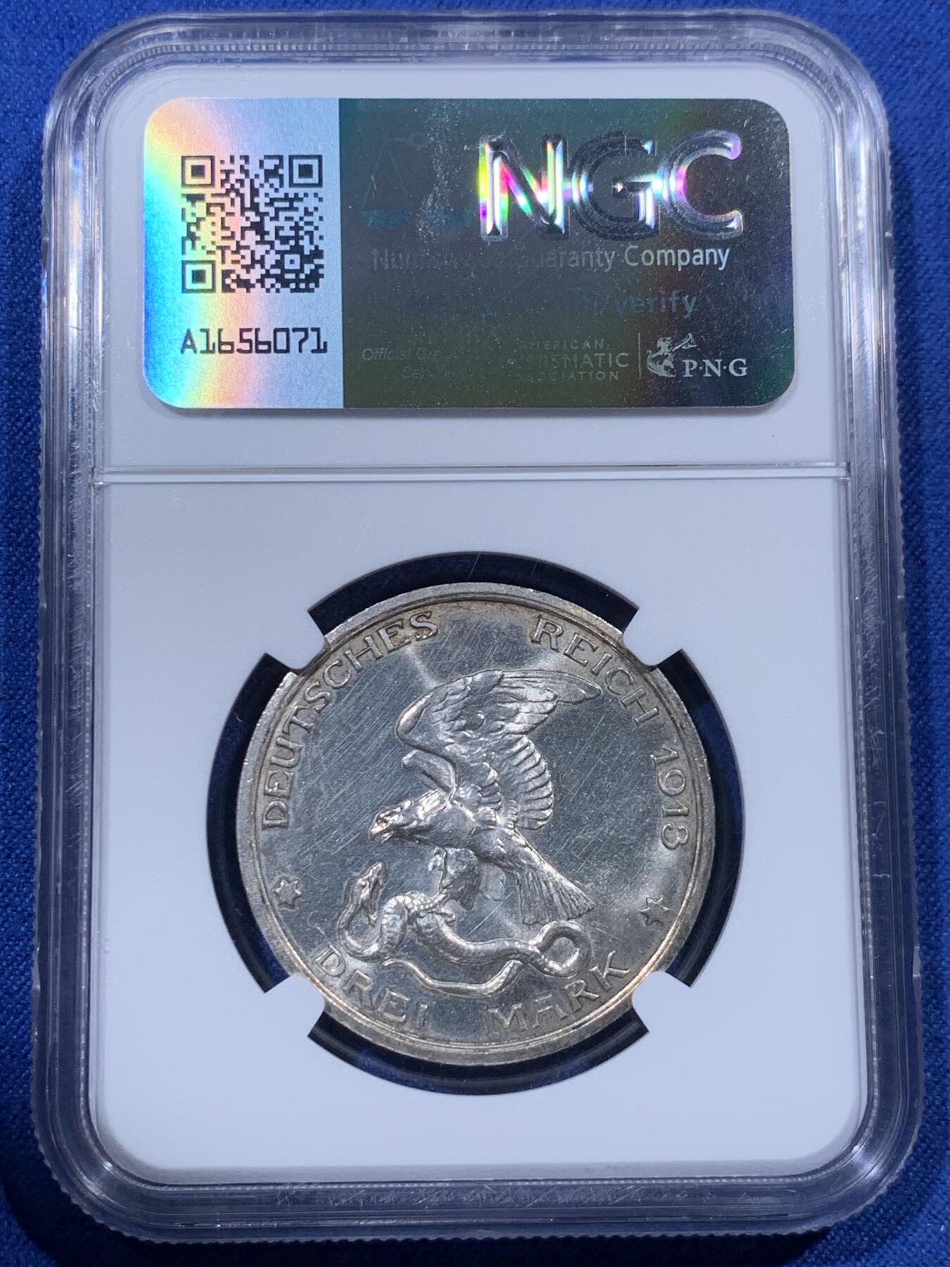 《竞宝斋》第400场 周日，周一，周二，3场连拍 （全场包邮） NGC MS61 德国普鲁士1913A战胜拿破仑3马克银币