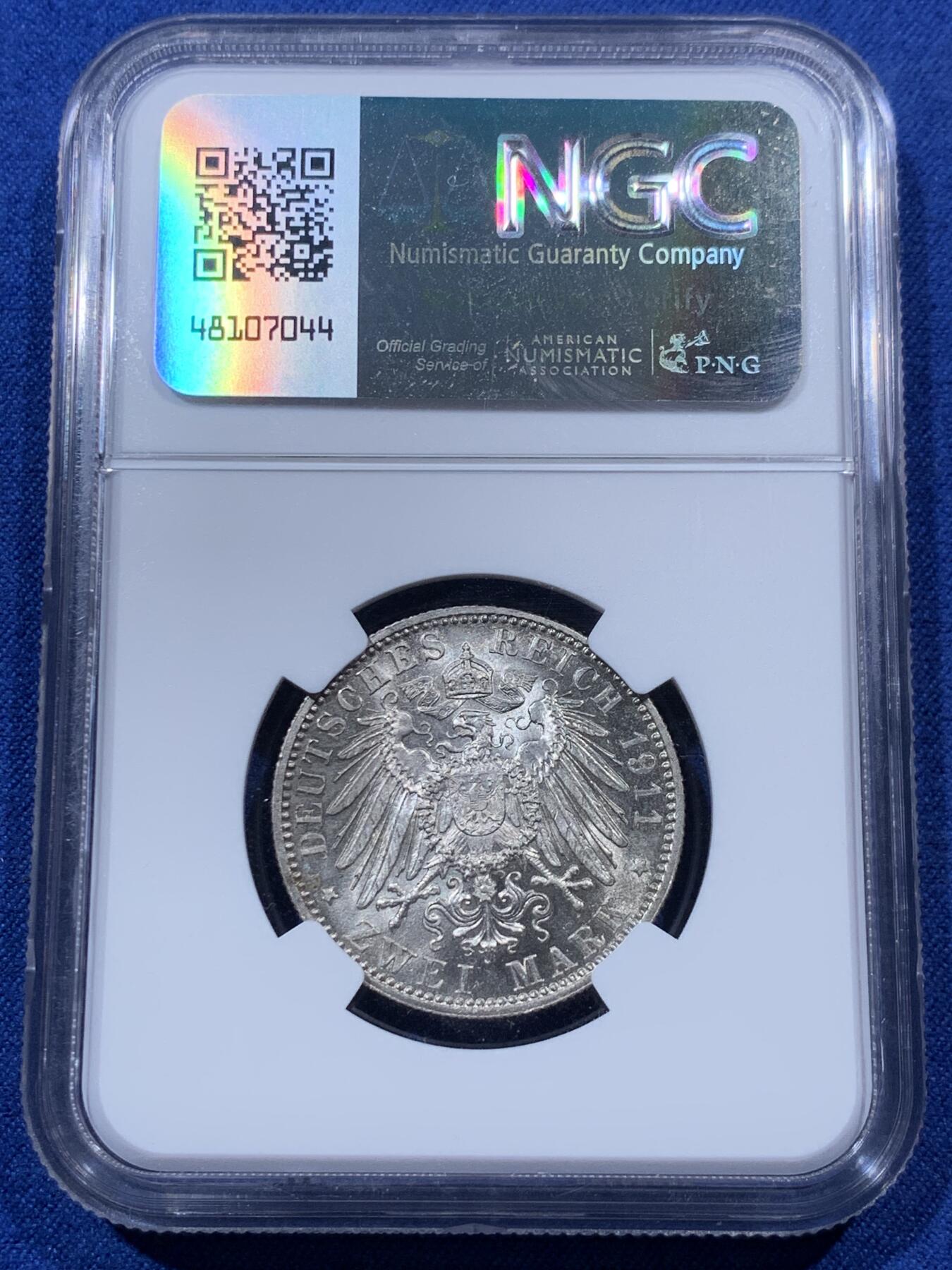 《竞宝斋》第400场 周日，周一，周二，3场连拍 （全场包邮） NGC MS63 德国巴伐利亚1911年利奥波德90生日2马克银币