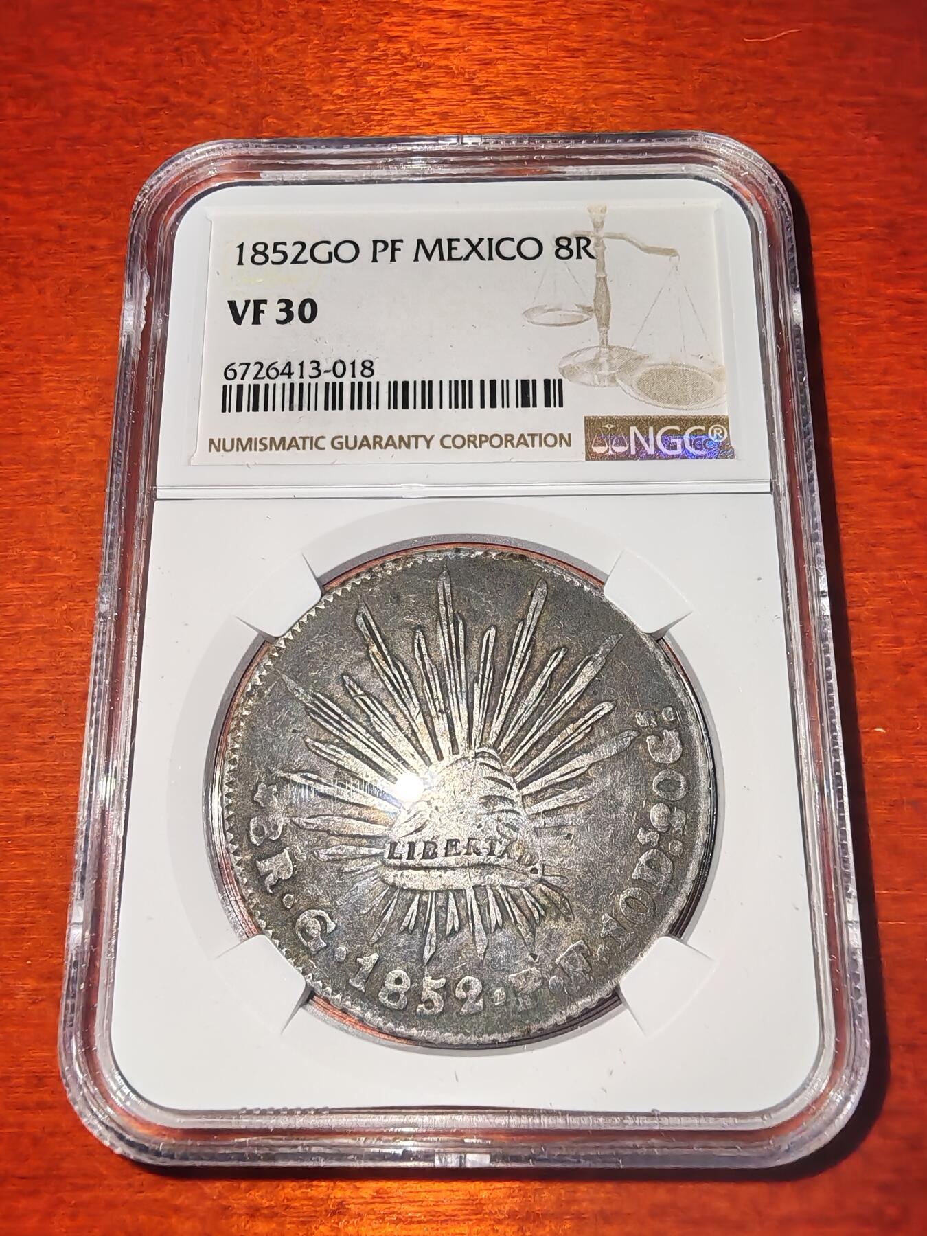 长老汇蛇年精选第二十一场拍卖 1852Go PF墨西哥8R鹰洋，NGC VF30，瓜纳华托造币厂