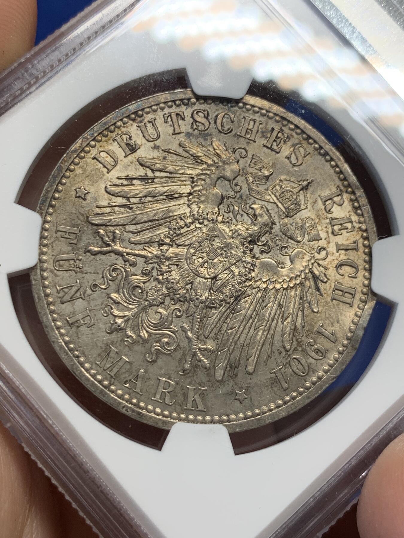 《竞宝斋》第400场 周日，周一，周二，3场连拍 （全场包邮） NGC UNC 德国普鲁士1901年建国200周年5马克 银币