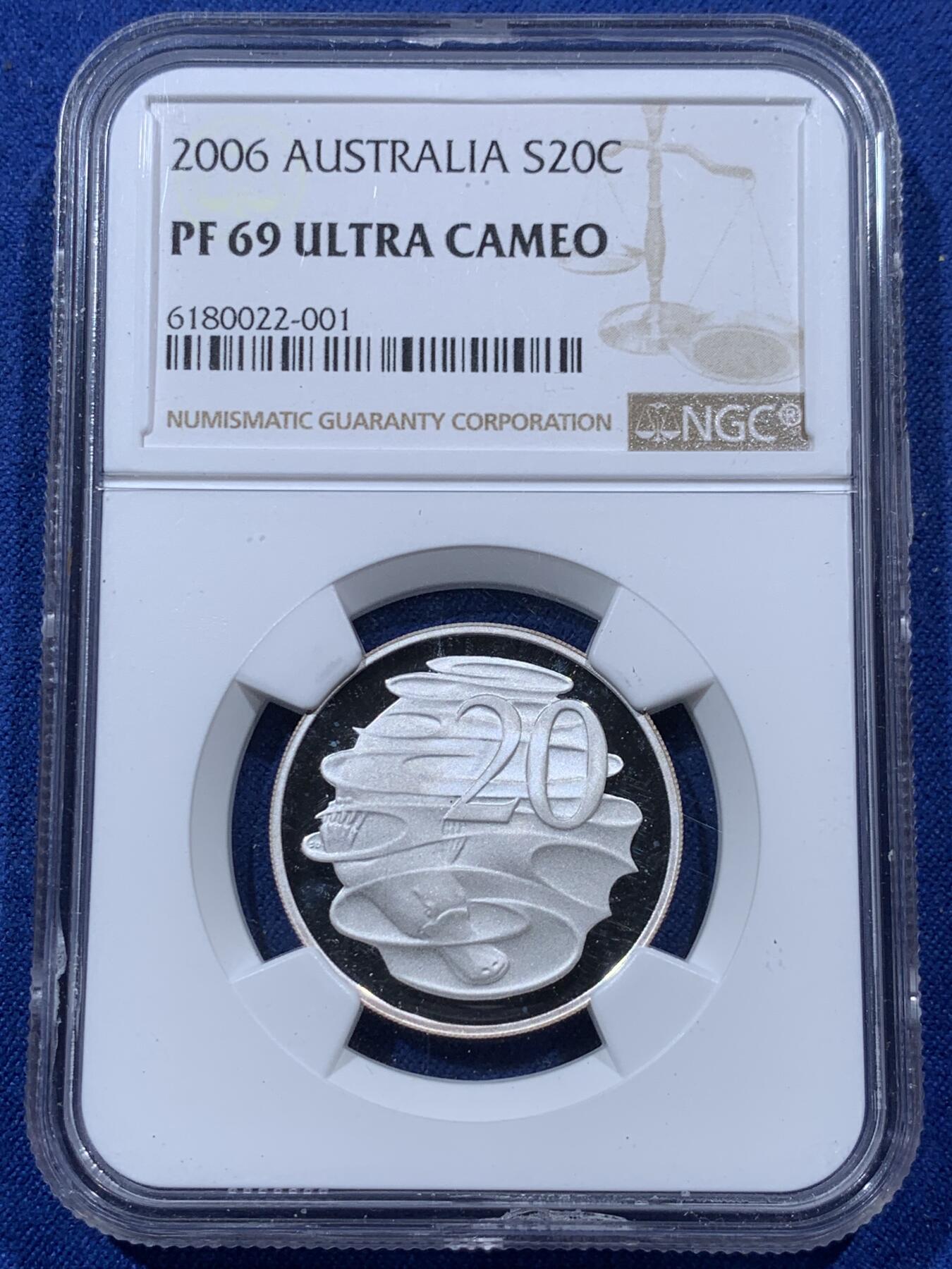 《竞宝斋》第400场 周日，周一，周二，3场连拍 （全场包邮） NGC PF69UC 澳大利亚2006年20分精制银币 十进制货币40周年 999银13.36克 获得更高评分的数目: 3