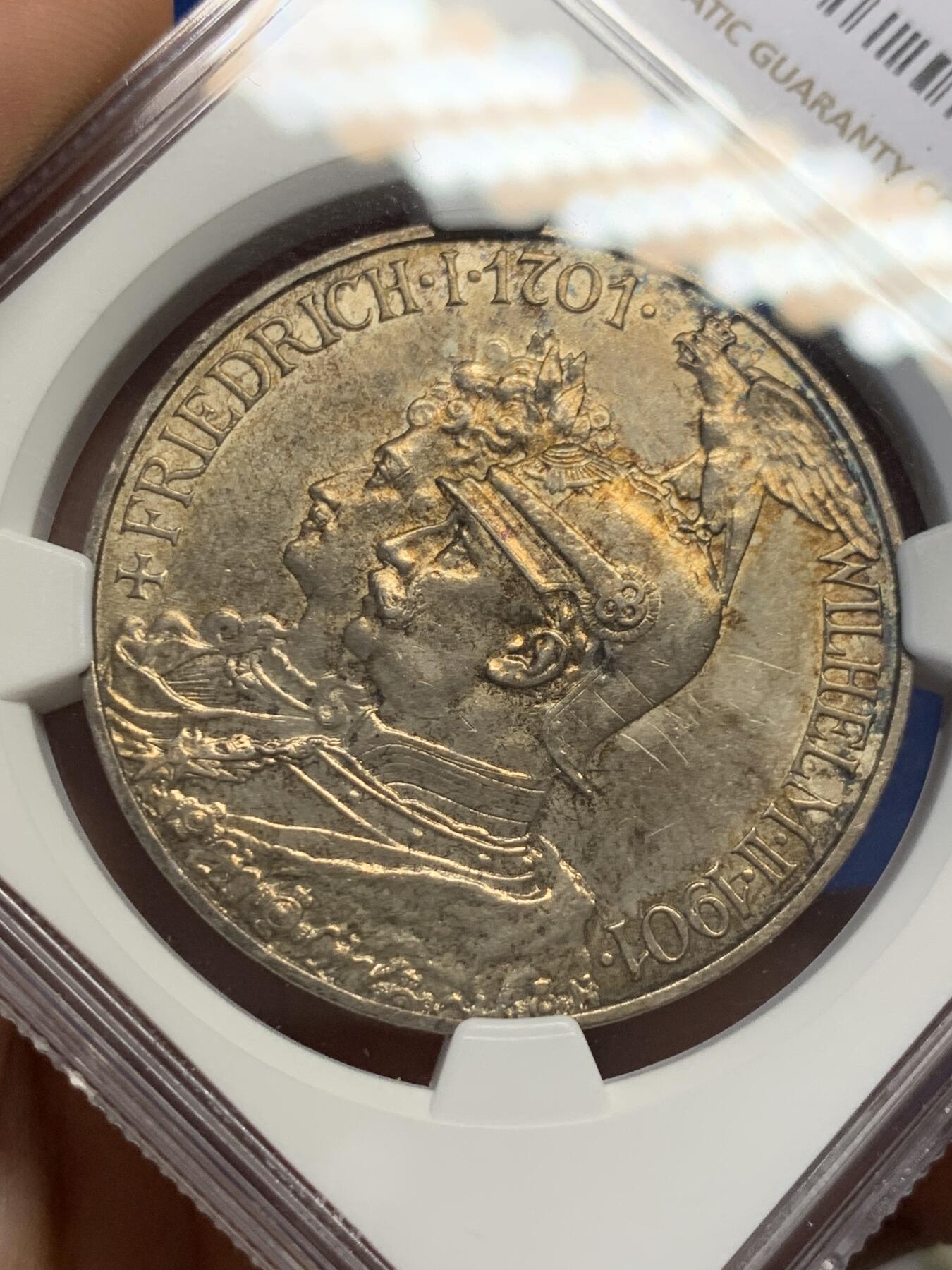 《竞宝斋》第400场 周日，周一，周二，3场连拍 （全场包邮） NGC UNC 德国普鲁士1901年建国200周年5马克 银币